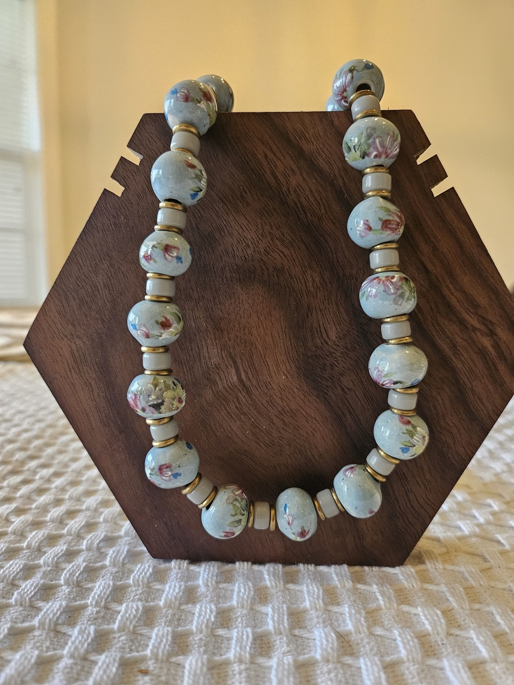 Vintage Hand Painted Porcelain Bead Necklace Pale Blue Floral Chinoiserie